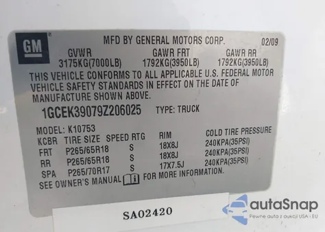 2009 Chevrolet Silverado 1500 Ltz z USA, uszkodzony, nr VIN 1GCEK39079Z206025